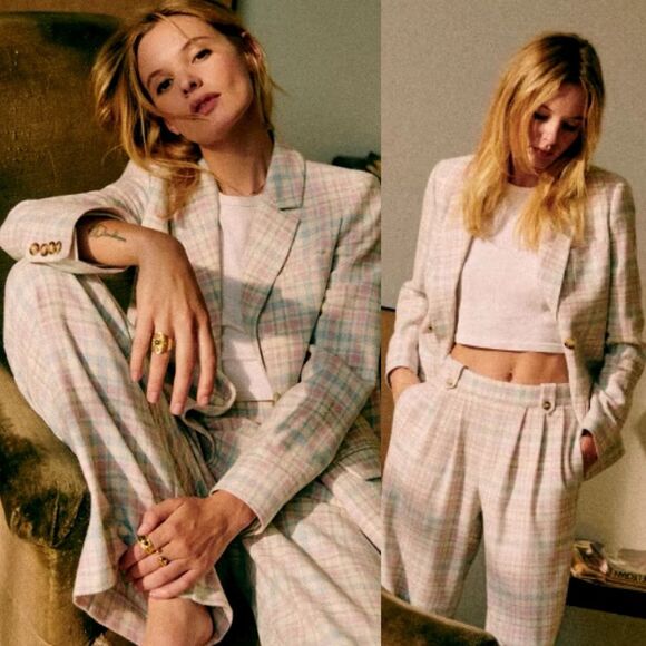 Sezane Jackets & Blazers - SEZANE Size 34 US 2 NWT Christie Jacket Pastel Check Wool Plaid Double Breasted